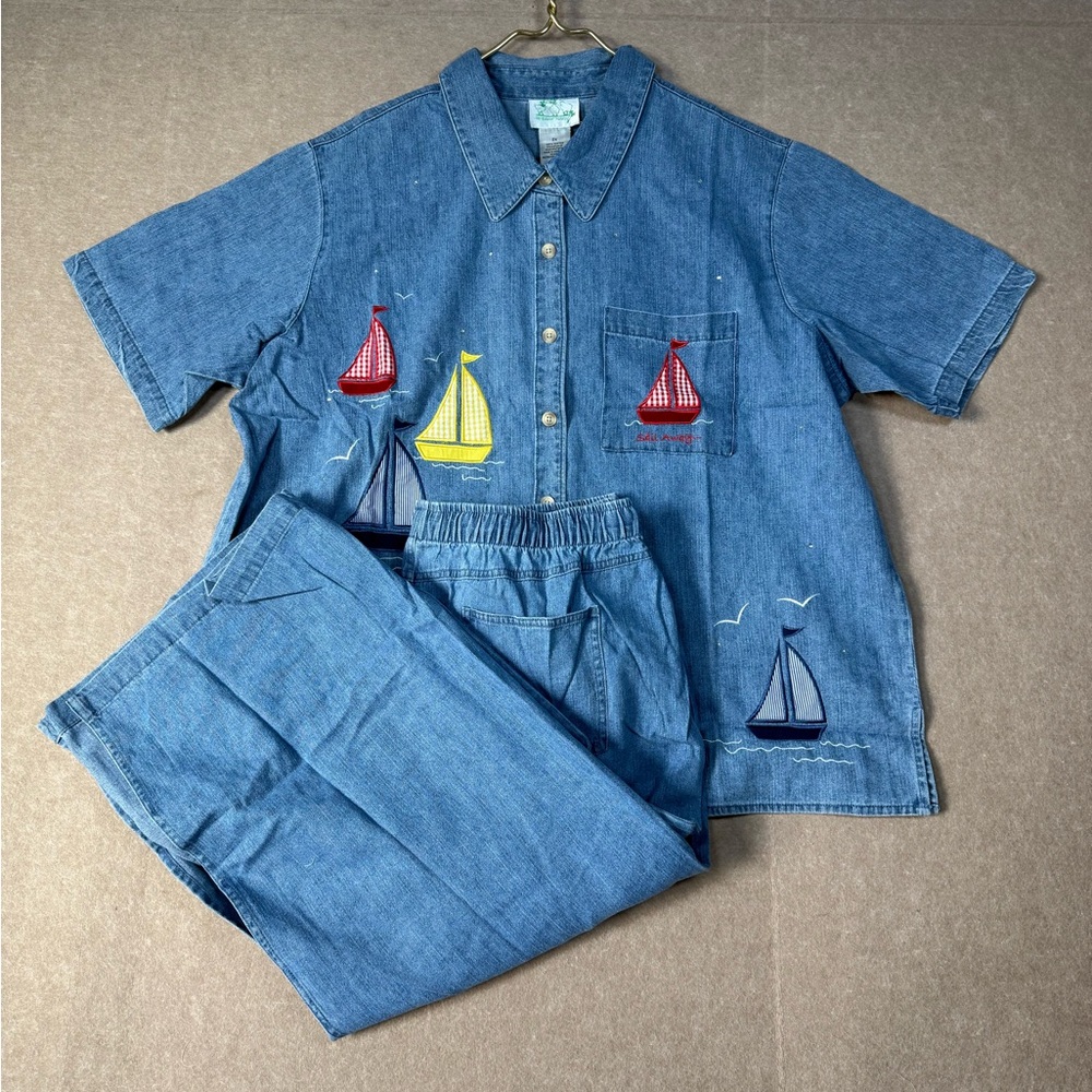 Quacker Factory Vintage SAIL AWAY denim button-down shirt & Maxi Skirt